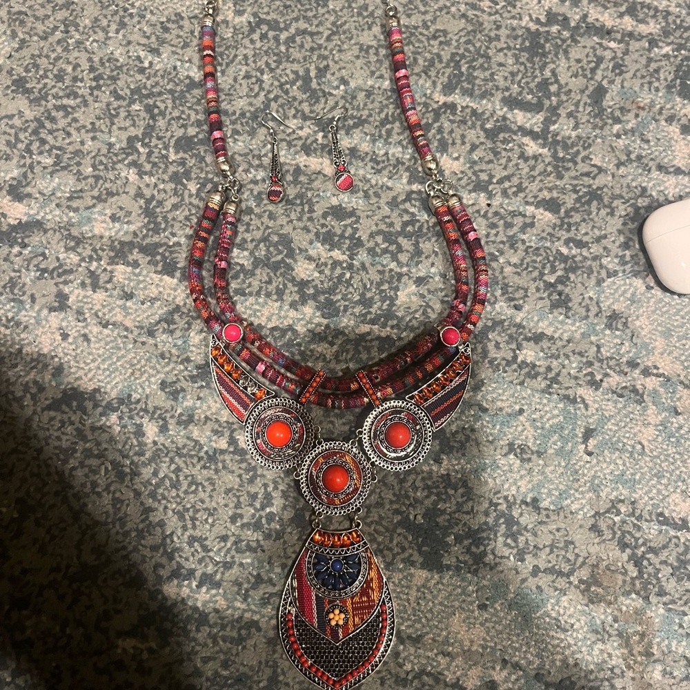 Bohemian Red and Silver Necklace and Earring Set